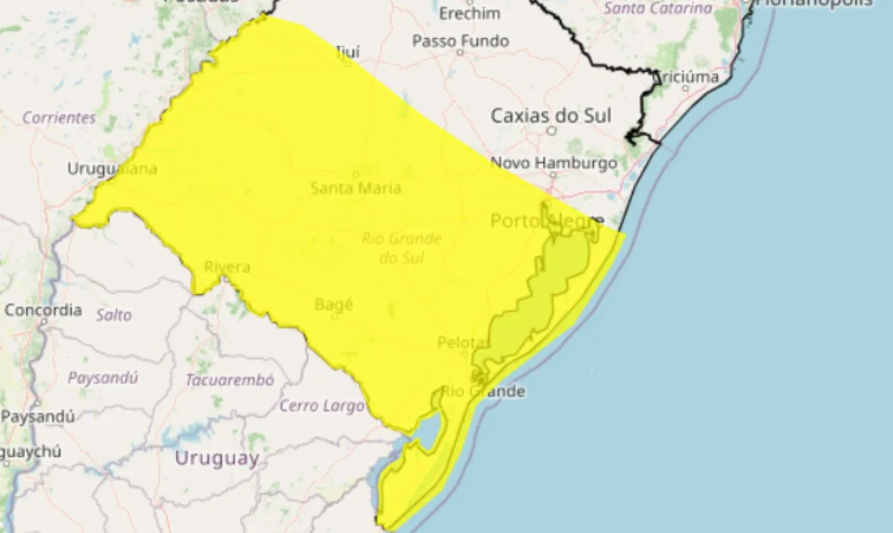 O mapa mostra as &aacute;reas em alerta para chuva intensa e ventos fortes
